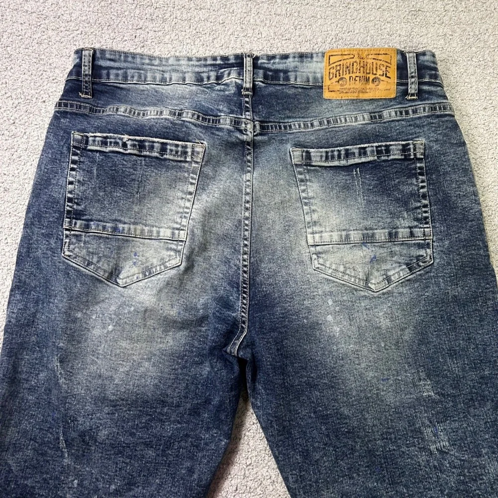 Grindhouse Denim Short Biker Distressed 38 Blue Moto Patchwork Streetwear Grunge